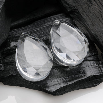 Detail View 1 of A Pair of Gemstone Cut Faceted Single Side Glass Double Flared Tear Drop Plug-Clear Gem